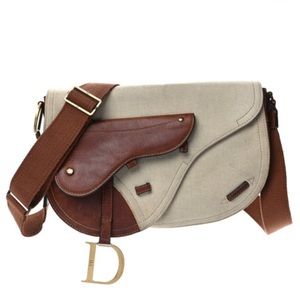 CHRISTIAN DIOR Calfskin Canvas Double Saddle Bag Beige